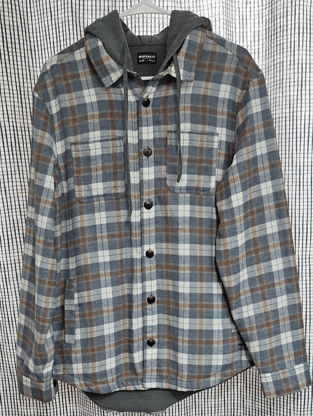 Buffalo David Bitton Men’s Hooded Plaid Shirt Jacket Shacket Grey Blue M